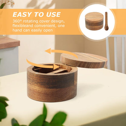 Velarionna Wood Salt and Pepper Bowl, AcaciaWood Salt Cellar with Built-in Spoon and Magnetic Swivel Lid, Container Holder to Storage Pepper Spice(SIZE:L)