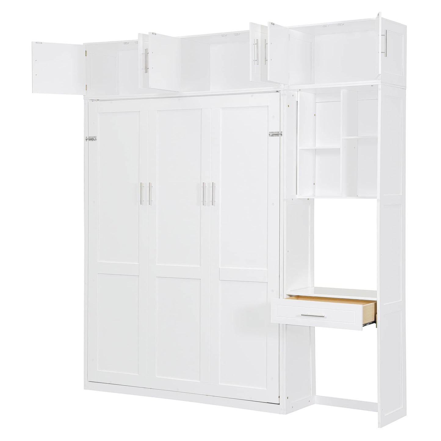 Merax Full Size Wall Murphy Bed with Desk, Top Cabinet and Storage Shelves, Space Saving Foldable Bed, Wooden Bed Frame