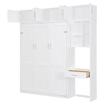 Merax Full Size Wall Murphy Bed with Desk, Top Cabinet and Storage Shelves, Space Saving Foldable Bed, Wooden Bed Frame