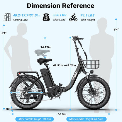 GOKEEP Folding Electric Bike, 1300W Peak Motor, 75 Miles PAS Range, 52V 13Ah Removable Battery, 20" Fat Tire & Front Suspension Electric Bicycles, 20MPH 7-Speed Commuter Ebike, UL2849 Certified, Black