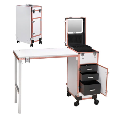 Rolling Portable Manicure Table with 3 Drawers, Lockable Makeup Train Case with Detachable Mirror, Foldable Nail Desk with Wheels & Handle, Mesa de Uñas Profesional para Nail Techs & Salon Use, White