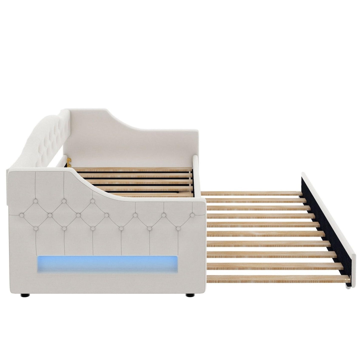 Merax Twin Size Linen Corner Daybed with Trundle and LED Belt, Upholstered Headboard Captain Bed Frames for Small Room, Bedroom, Guest Room, Kids' Room, White