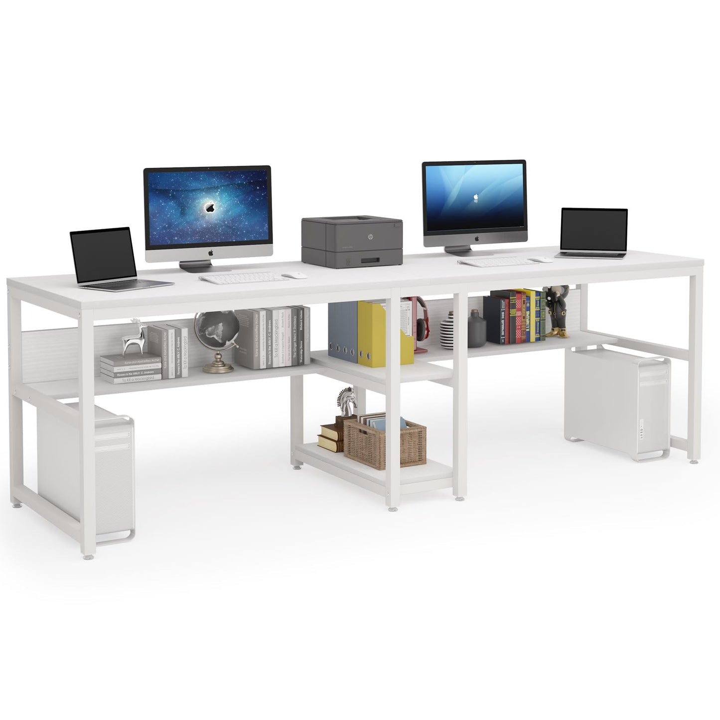LITTLE TREE Industrial 78.7" Desk with Shelves, Double Workstation for Two People, Computer Office Desk, Writing Table with 3 Drawers, Large Metal Tabletop, White
