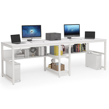 LITTLE TREE Industrial 78.7" Desk with Shelves, Double Workstation for Two People, Computer Office Desk, Writing Table with 3 Drawers, Large Metal Tabletop, White