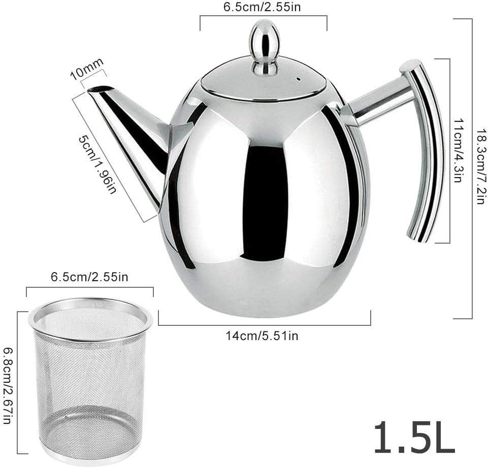 Tea Pots with Infusers for Loose Tea, Stainless Steel Teapot with Lid and Strainer (1500ml)