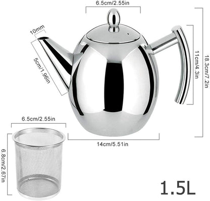 Tea Pots with Infusers for Loose Tea, Stainless Steel Teapot with Lid and Strainer (1500ml)