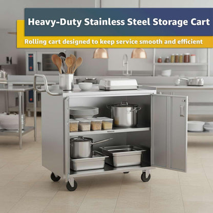 21" x 33" Commercial NSF Stainless Steel Utility Cart - 3 Shelf Enclosed Base with Locking Doors, Heavy-Duty Service Cart on Wheels for Kitchens and Catering