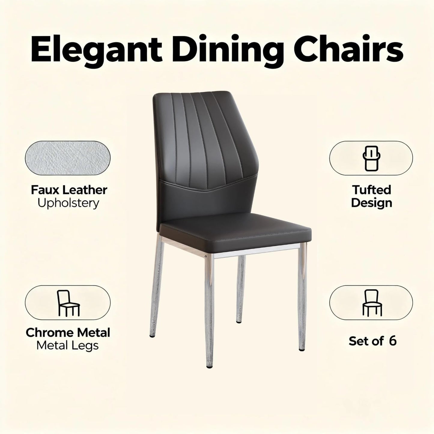 Trygoal Modern Dining Chairs Set of 6, 37" High Back Kitchen Chairs with Ergonomic PU Leather & Silver Metal Legs, Side Chairs with Adjustable Feet for Dining Room, Apartment, Black Silver
