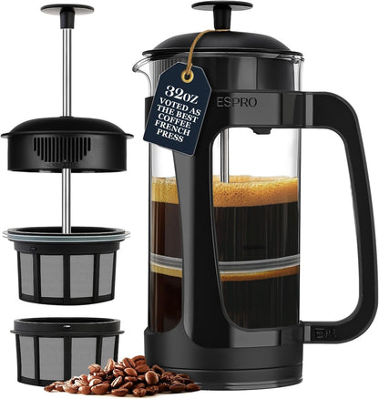 ESPRO Light P3 French Press Coffee Maker – Patented Double Micro-Filter for Grit-Free Brew, Heat Resistant thicker Borosilicate Glass Coffee press – (Black, 32 oz)