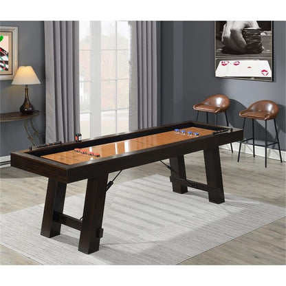 Bowery Hill Shuffleboard Table, Brown Finish, Spruce Veneer with Solid Wood Legs, Transitional Style, Includes Game Pucks, Brush, Wax, Scorers, Perfect for Game Room Entertainment