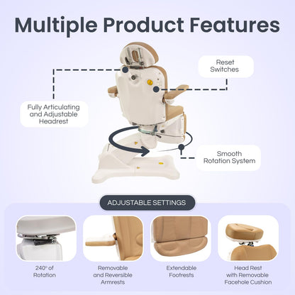 Spa Luxe - Professional Facial, Massage, and Medi Spa Exam Chair for Esthetician - All-Electric 4-Motor Procedure Table with 240° Swivel and Adjustable Headrest - 440lb Capacity, (Sand)