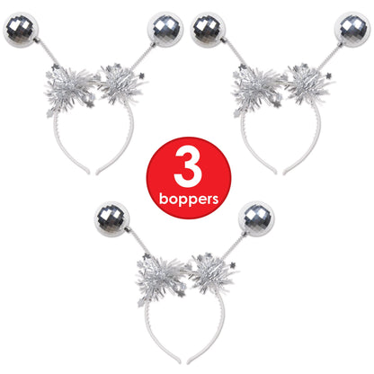 Beistle Silver Disco Ball Boppers – 3 Metallic Headband Accessories with Silver Ball Accents and Tinsel Garland, NYE Headwear for Retro Dance Parties, 1970’s Themed Decade Celebrations, Adult Size