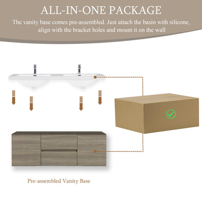 KEIKI 60'' Wall-Mounted Bathroom Vanity with Double Sinks - Floating Design, 2 Soft-Close Drawers & Doors & Resin Basin, Space-Saving for Small Bathrooms, Ash Grey