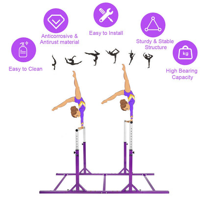 GOFLAME Double Horizontal Bars, Gymnastics Parallel Bars with Adjustable Height and Width, Junior Training Gym Bar for Kids, Ideal for Indoor Outdoor Use (Purple)