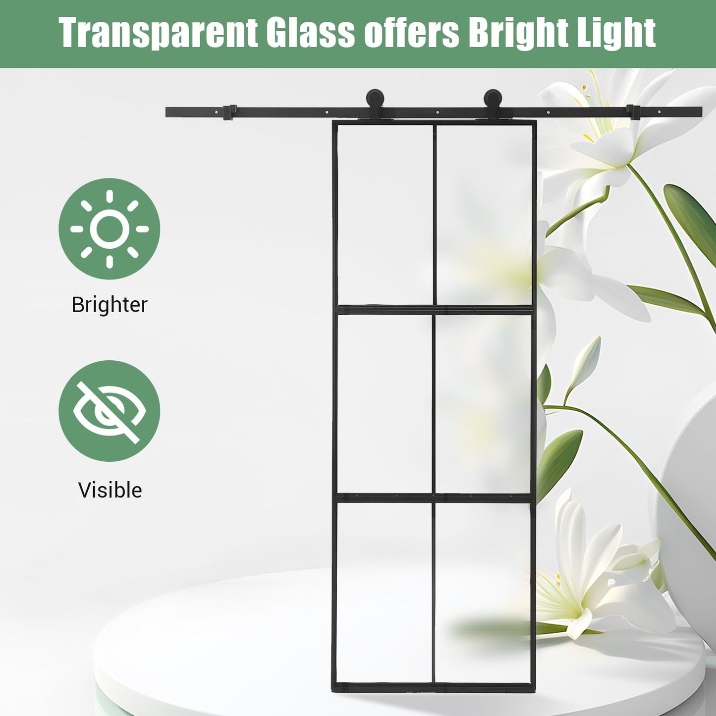 36 x 84" Glass Barn Door with 3-Panel Frosted Tempered Glass, 6 ft Top Mount Sliding Door Kit with Soft Close Mechanism,Black Carbon Steel Tempered Glass Sliding Door,Easy Assembly, Hardware Included