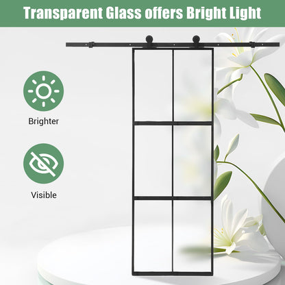 36 x 84" Glass Barn Door with 3-Panel Frosted Tempered Glass, 6 ft Top Mount Sliding Door Kit with Soft Close Mechanism,Black Carbon Steel Tempered Glass Sliding Door,Easy Assembly, Hardware Included