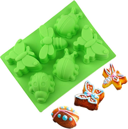 SENHAI 2 Pcs Insect Shape Silicone Trays, 6-Cavity 3D Dragonfly Butterfly Ladybug Cake Baking Molds - Orange, Green