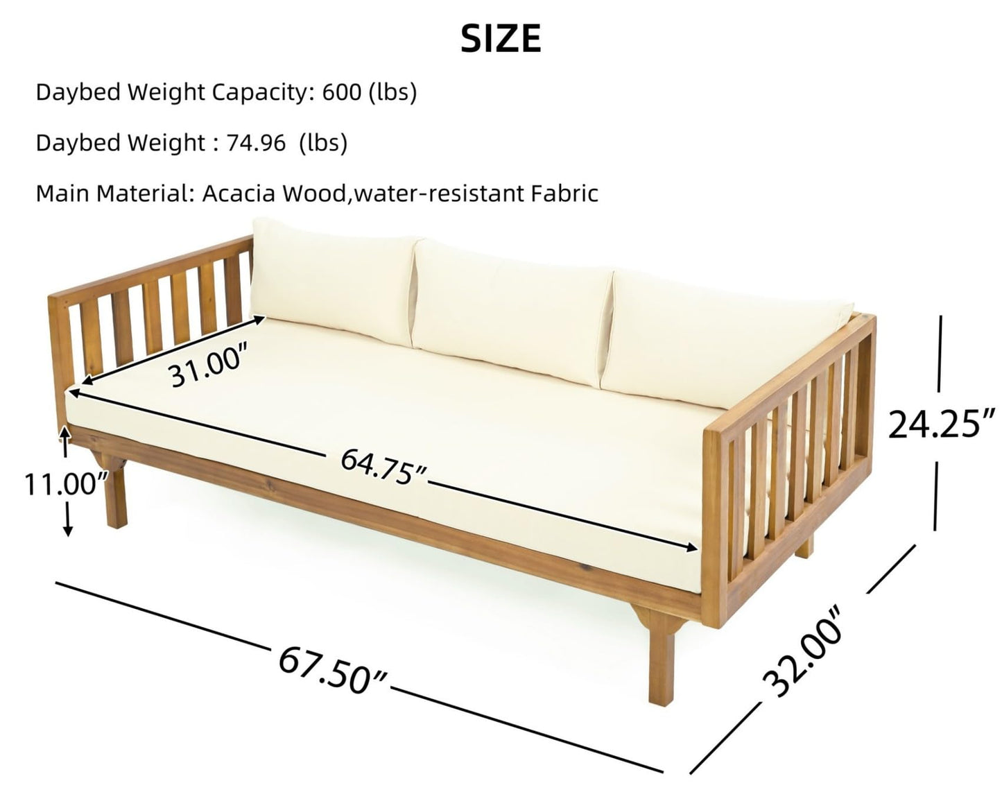 Merax Solid Acacia Wood Couch Chaise Lounge Chair Indoor, 3 Seater Daybed Sofa Couches with Cushions & Pillow, Heavy Frame Day Bed for Living Room, Office, Outdoor, Balcony, Patio, Water Resistant