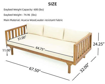 Merax Solid Acacia Wood Couch Chaise Lounge Chair Indoor, 3 Seater Daybed Sofa Couches with Cushions & Pillow, Heavy Frame Day Bed for Living Room, Office, Outdoor, Balcony, Patio, Water Resistant