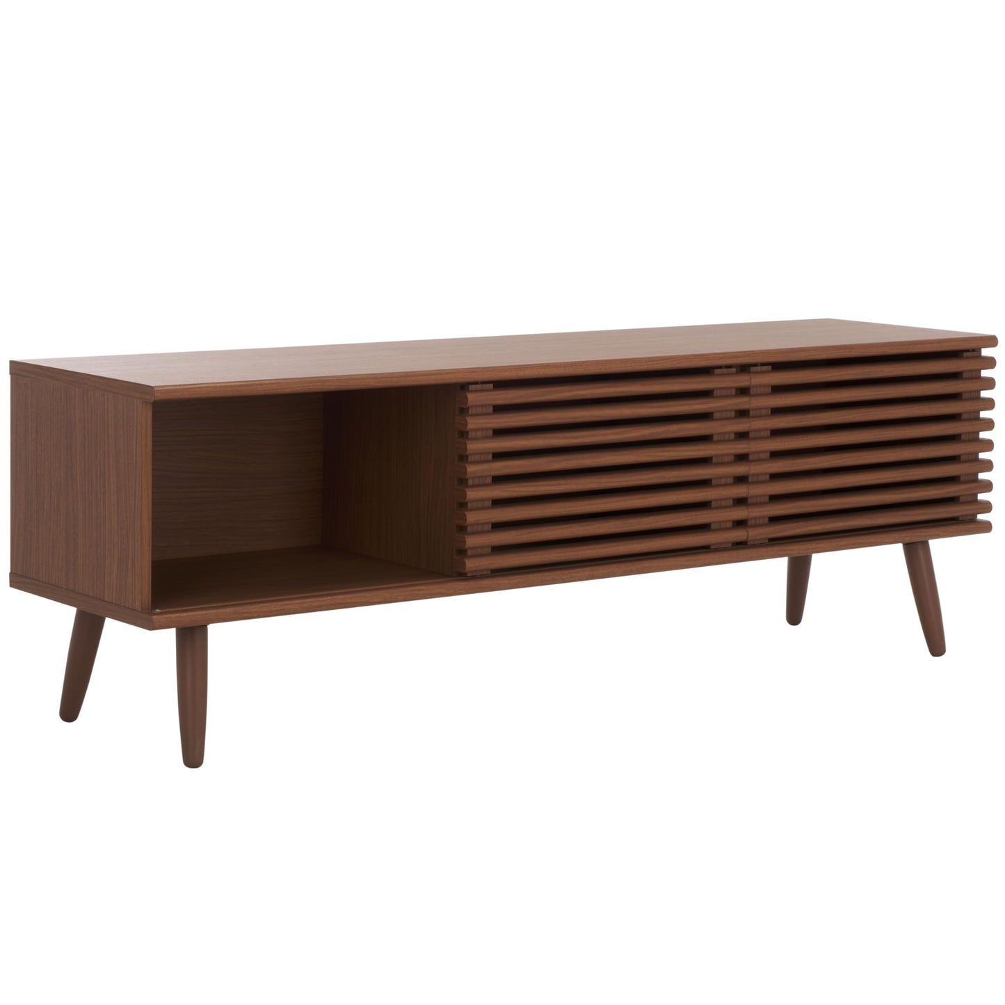SAFAVIEH Averi TV Stand for up to 65" Flatscreen – Dark Walnut, 2 Sliding Doors with Interior Storage, 2 Open Shelves, Entertainment Media Console (MED9637A)