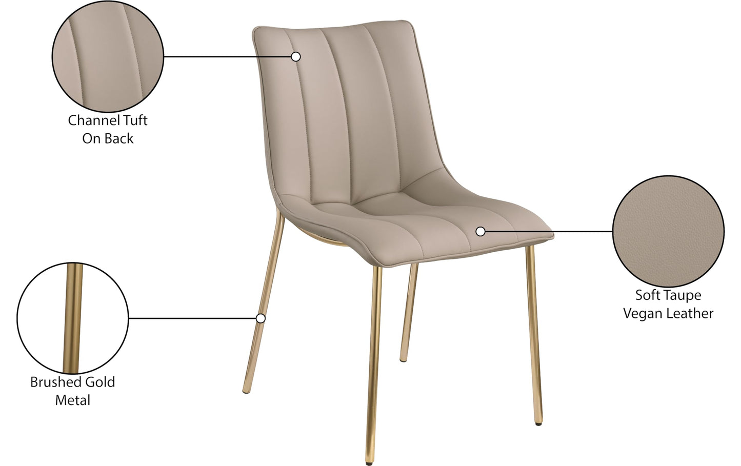 Meridian Furniture 529Taupe-C Isla Collection Modern | Contemporary Vegan Leather Upholstered Dining Chair, Brushed Gold Metal, Channel Tuft On Back, 18.5" W x 22.5" D x 33.5" H, Taupe, Set of 2