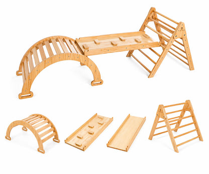 Avenlur Hazel 5-in-1 Indoor Climbing Gym - Waldorf and Montessori Climbing Set with Triangle Ladder, Climbing Ramp, Arch Climber, Rocker, and Slide - Montessori Toys for Children 18mo to 7yr (Natural)