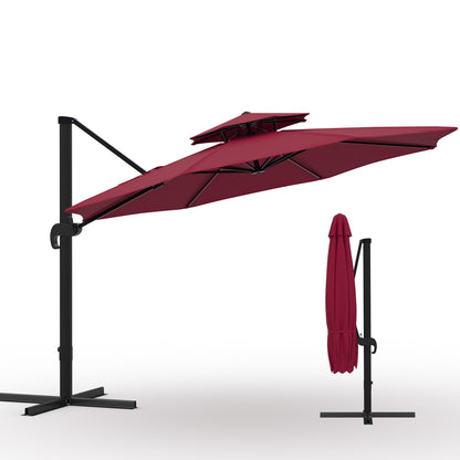 10x10 ft Round Outdoor Umbrella, Cantilever Patio Umbrella with 360° Rotation & Adjustable Height, Heavy Duty Aluminum Umbrella Outdoor Patio for Garden Poolside,Burgundy Red (Base Not Included)