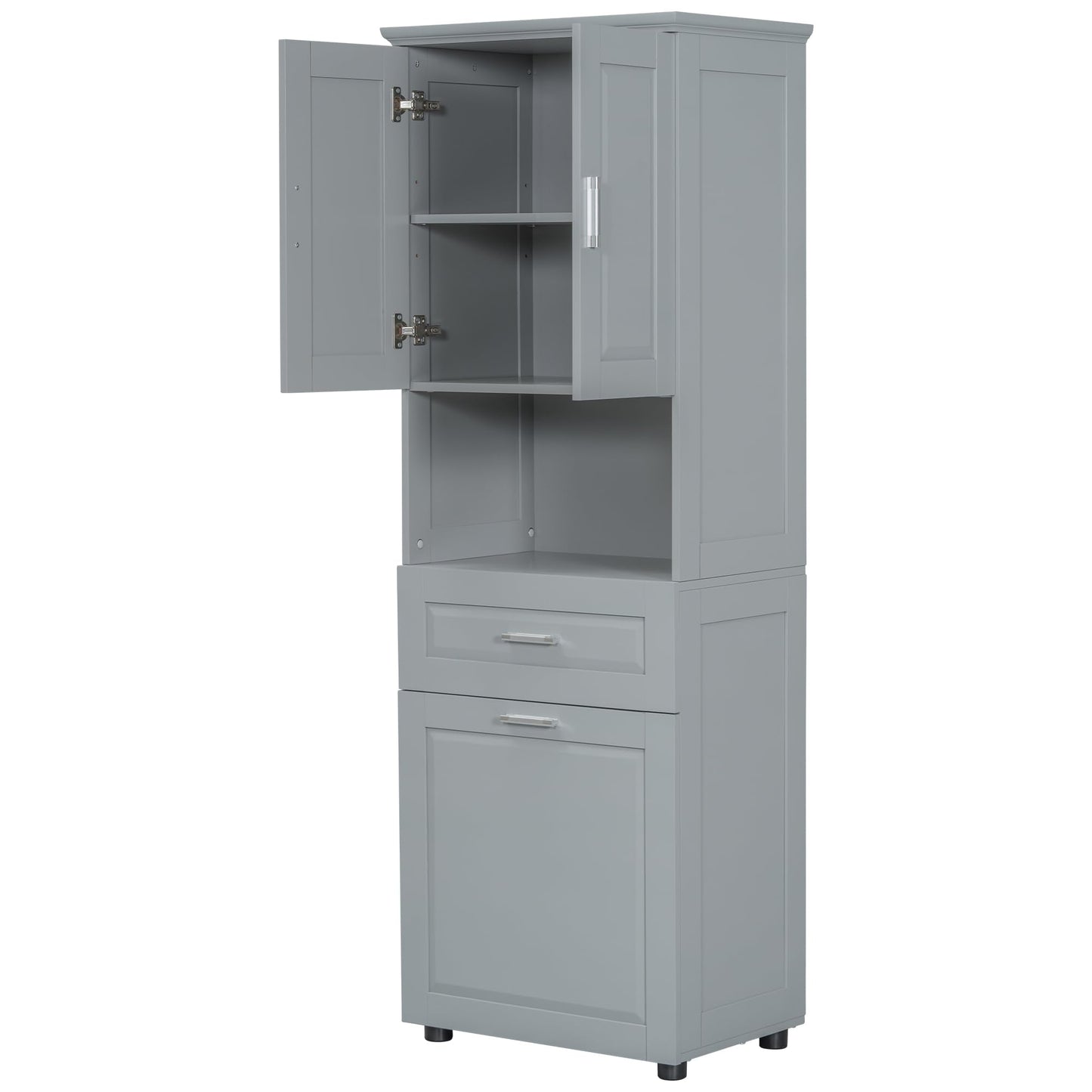 Virubi Tall Laundry Cabinet with Tilt Out Laundry Hamper and Drawer, Modern Wood Bathroom Storage Cabinet with Doors and Adjustable Shelves, Freestanding, Grey
