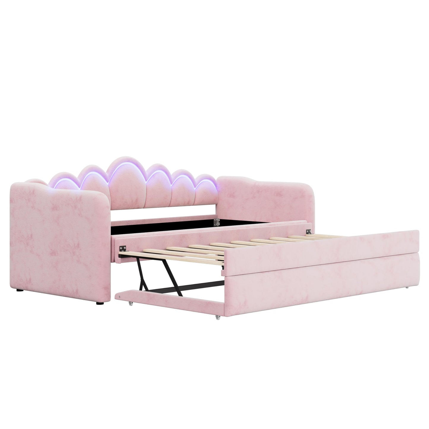 Merax Twin XL Size Upholstered Daybed with Trundle & Adjustable LED Lights, Velvet Trundle Bed, Trundle can be Flat or Erected, Sofa Day Bed for Bedroom Guest Room, No Box Spring Needed, Pink