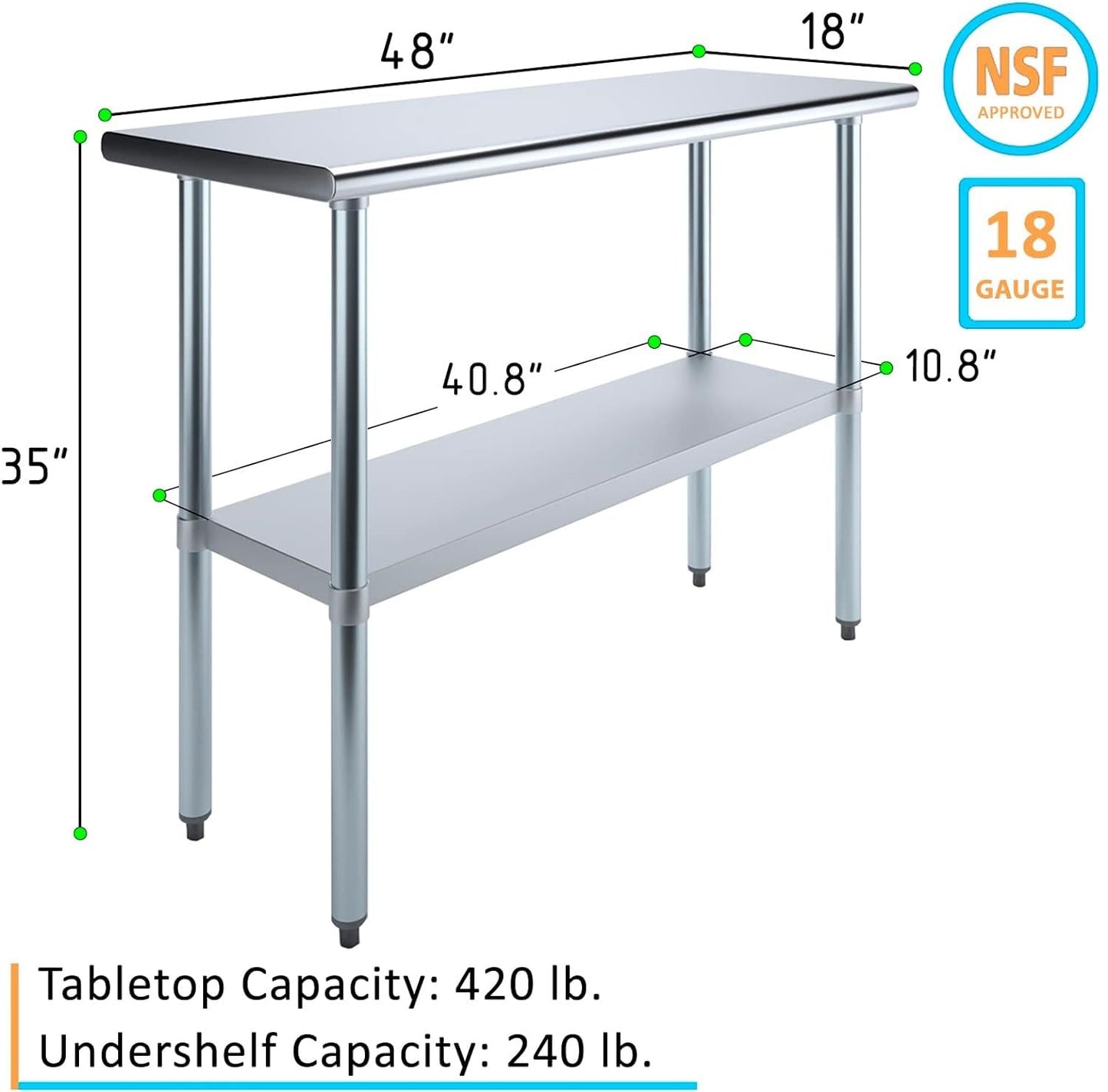 Express KitchQuip NSF Certified Heavy Duty Stainless Steel Prep Table with Galvanized Undershelf | 18" x 48" | Commercial & Home Kitchen Work Table