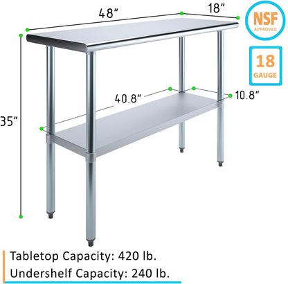 Express KitchQuip NSF Certified Heavy Duty Stainless Steel Prep Table with Galvanized Undershelf | 18" x 48" | Commercial & Home Kitchen Work Table