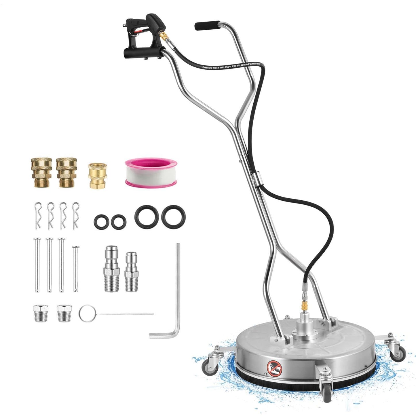 24" Pressure Washer Surfaces Cleaner with 4 Wheels & Duals Handles, 4000PSI Stainless Steel Surfaces Cleaner Attachment Commercial Grade for Pressure Washer for Concrete Driveway Sidewalk Deck Patio
