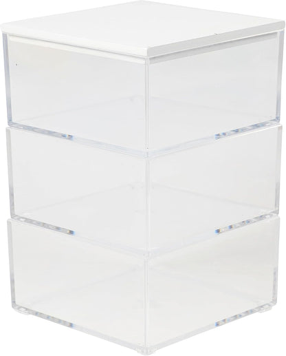 Martha Stewart Brody Plastic Storage Organizer Bins with Engineered Wood Lid, 3 Pack Small (3.75" x 3", Clear/White)