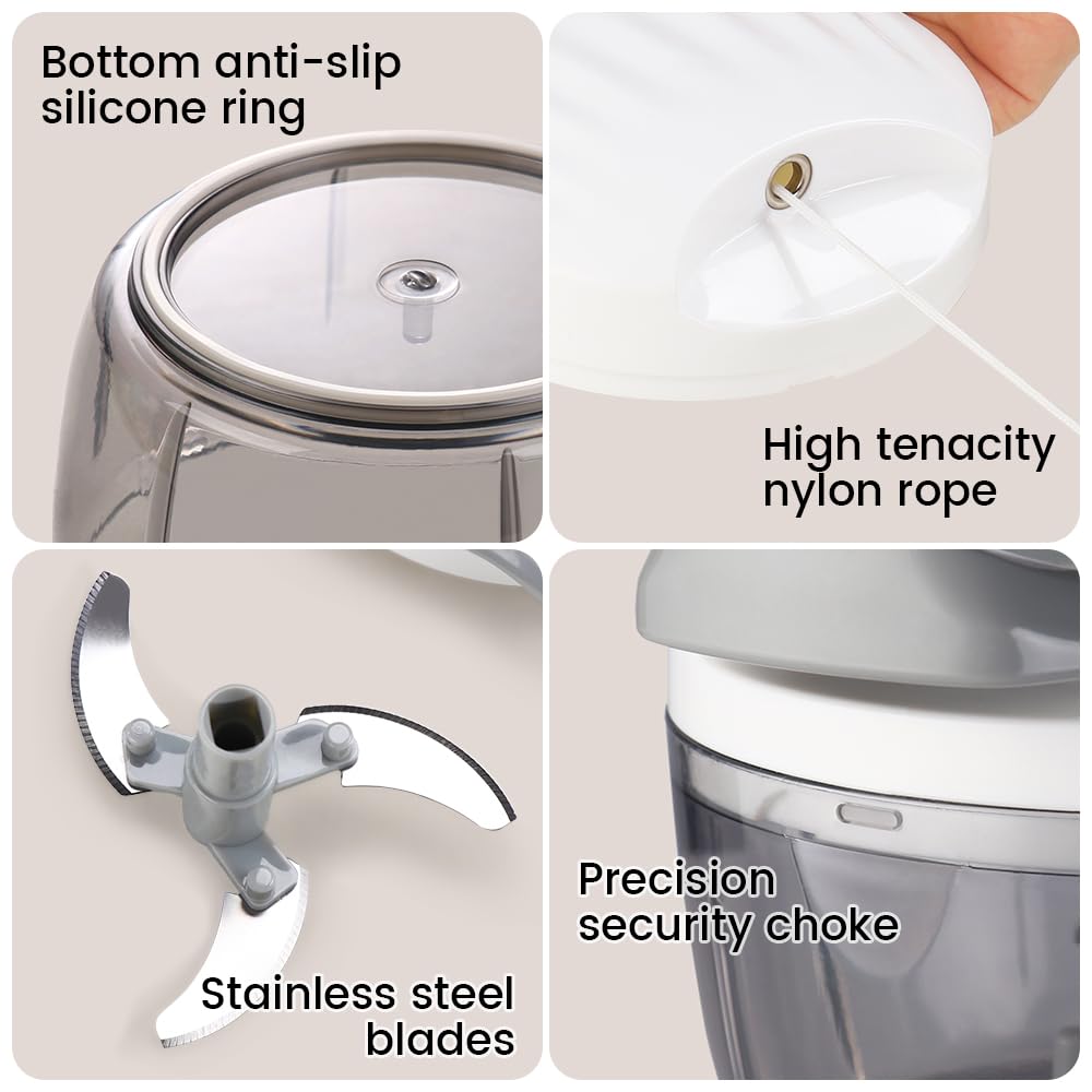 Manual Food Processor & Vegetable Chopper White - 2.3 Cup Mini Hand-Pull Cord Kitchen Chopper for Onion, Garlic, Vegetables with 3 Stainless Steel Blades