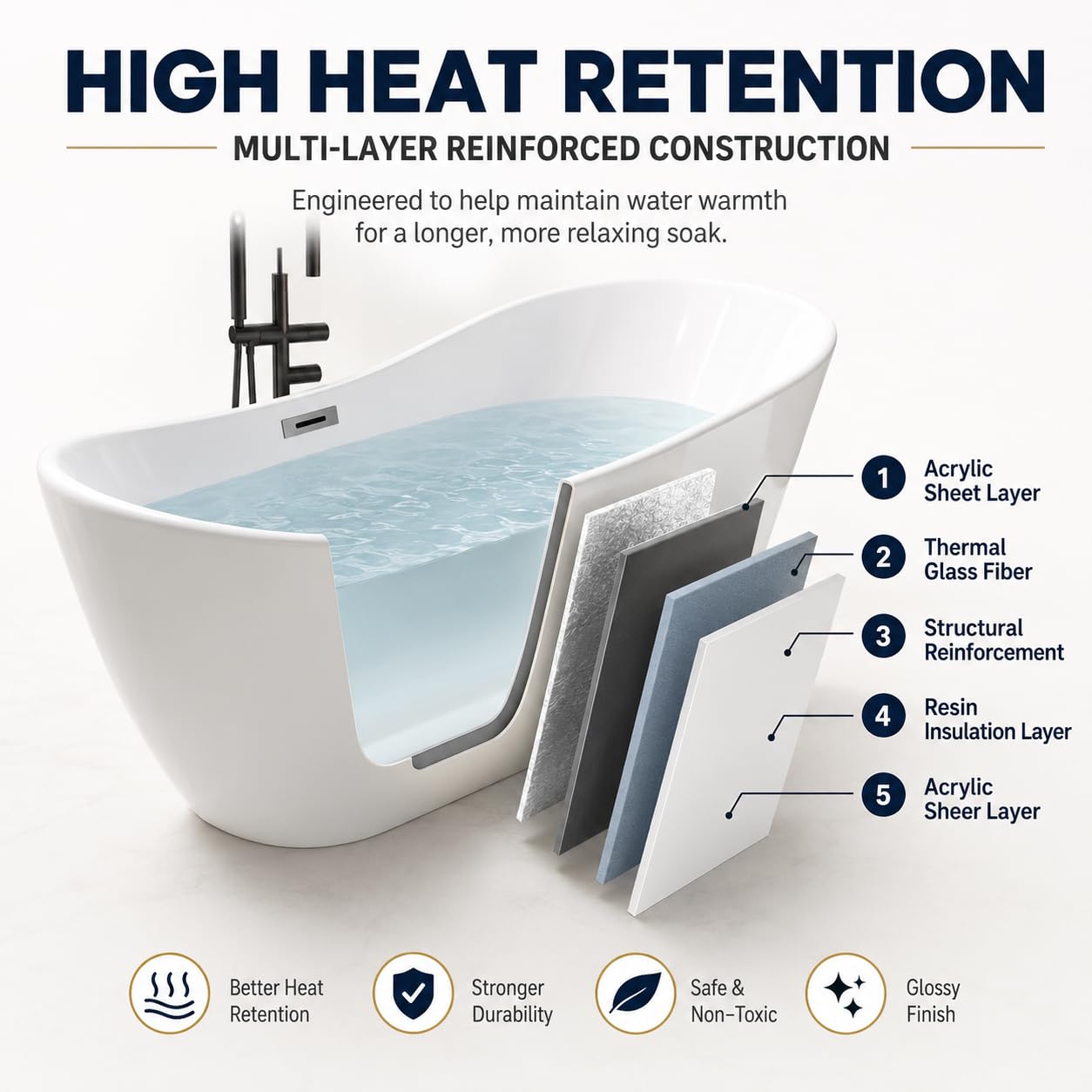 67" Acrylic Freestanding Bathtub, Deep Soaking Tub with Non-Slip Surface, Modern Free Standing Bath Tub, Chrome Drain, CUPC Certified, Easy Install, Space-Saving Bathtub for Bathrooms, White