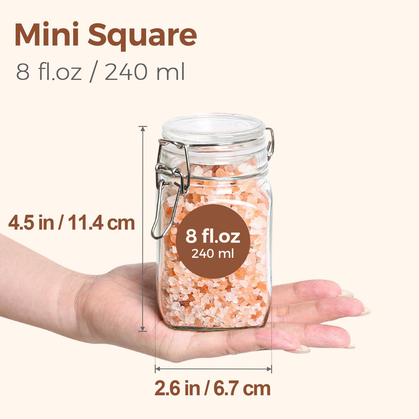 ComSaf Set of 12 Square Glass Jars with Airtight Lids (8 Oz), Pantry Canisters for Spices, Jams, & Herbs, Wire Clamp Jar for Overnight Oats, Pickling, Favors, Includes Labels & Funnel