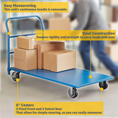 30" x 60" Steel Platform Truck - 2000 lb. Capacity with Removable Handle, Blue Utility Cart with Polyurethane Wheels and Brakes - Heavy-Duty Warehouse Dolly