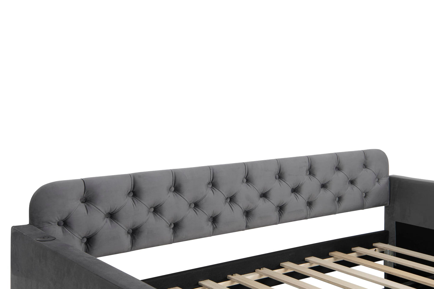 Acosure Twin Size Velvet Upholstered Daybed with Trundle and USB Charging Design,Bed Frame W/Fabric-Tufted Linen Backrest,for Bedroom,Guest Room,Apartment,Dark Grey