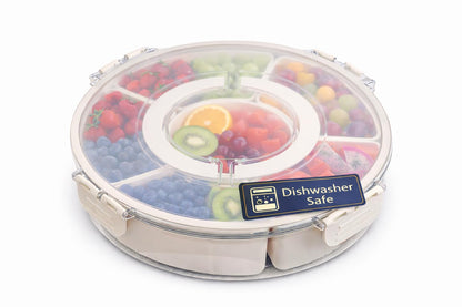 Divided Serving Tray with Lid - Snack Tray - Snack Box - Portable Snackle Box Organizer for Fruit, Salad, Chips & Dip - Lazy Susan Platter with Handle for Parties, Road Trips, Kids & Charcuterie