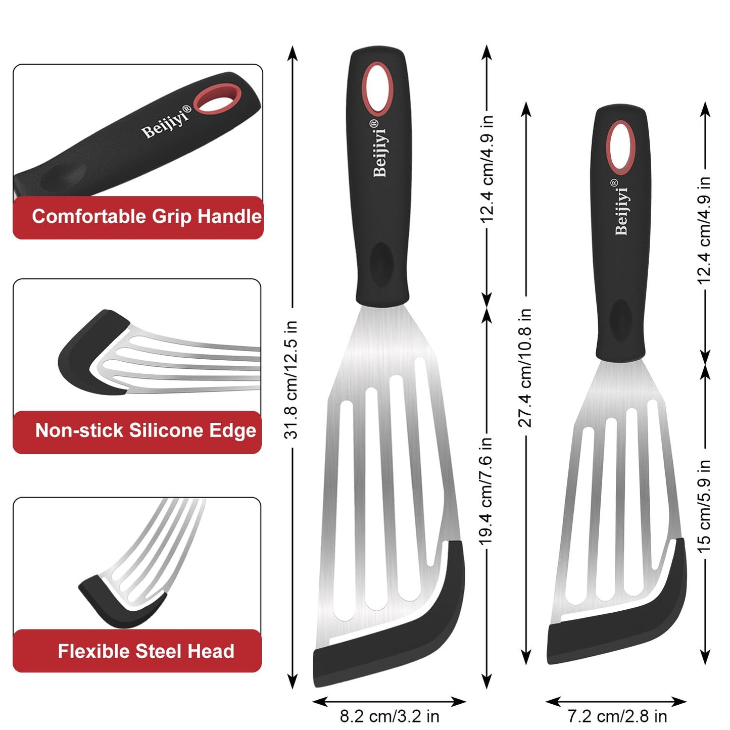Beijiyi Fish Spatula Turner Set of 2, Heat Resistant Silicone Edge Slotted Fish Spatulas for Nonstick Cookware, Flexible and Thin Stainless Steel Kitchen Cooking Spatula Flipper for Fish, Egg, Pancake