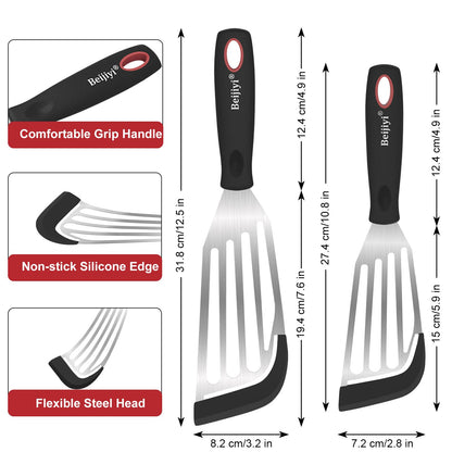 Beijiyi Fish Spatula Turner Set of 2, Heat Resistant Silicone Edge Slotted Fish Spatulas for Nonstick Cookware, Flexible and Thin Stainless Steel Kitchen Cooking Spatula Flipper for Fish, Egg, Pancake