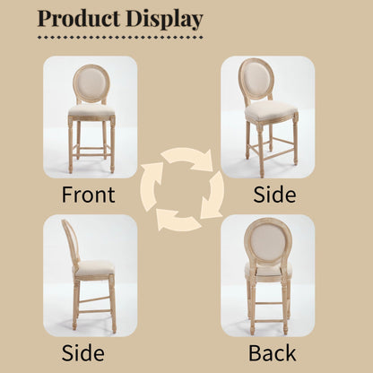 26" French Country Counter Height Chairs Set of 2,Upholstered Round-Back Bar Stools with Solid Wood Frame,Brushed Wire-Drawing Finish, Disassemblable Design for Kitchen,Living Room,Restaurant, Beige