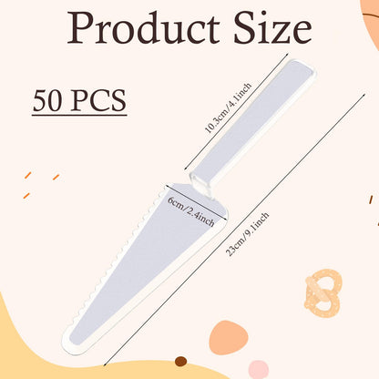 50Pcs 9.1Inch Plastic Disposable Cake Cutter Cake Server Cutting Spatula Knives Pie Pizza Pastry Slicer Serving Utensils for Kitchen Wedding Buffet (Clear)