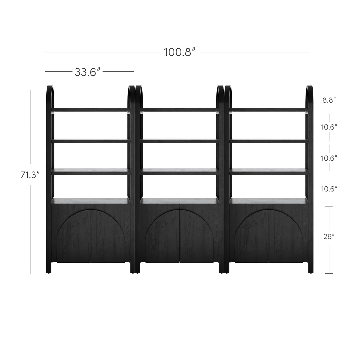 Nathan James Iris 3 Tier Bookshelf, Arched Bookcase Cabinet, Solid Wood Bookcase with Cabinet Base, Boho Bookshelf in Midnight Charcoal Finish, Set of 3