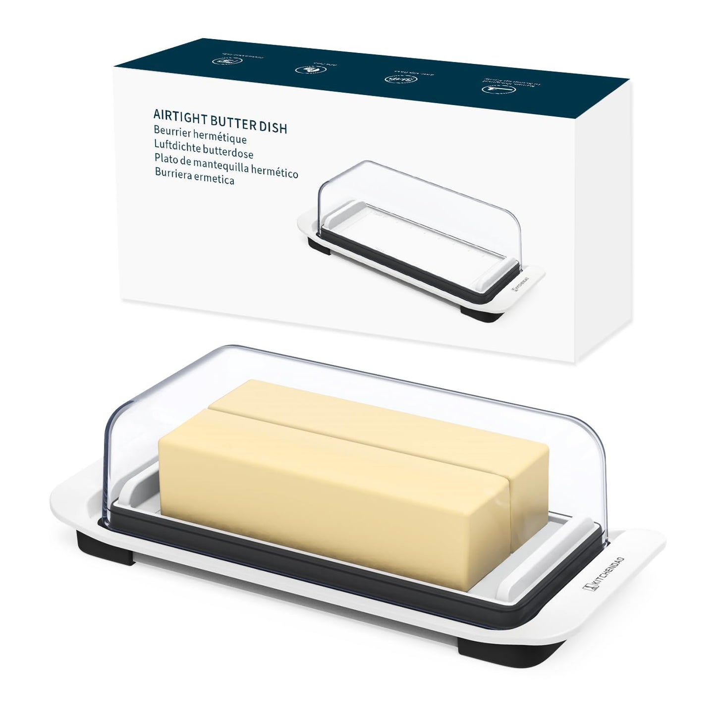 KITCHENDAO Large Airtight Butter Dish with Lid for Countertop and Fridge, Butter Keeper, Plastic Butter Holder Tray for 2 Sticks East Coast/West Coast/European Style/ Kerrygold Butter/ Cream Cheese