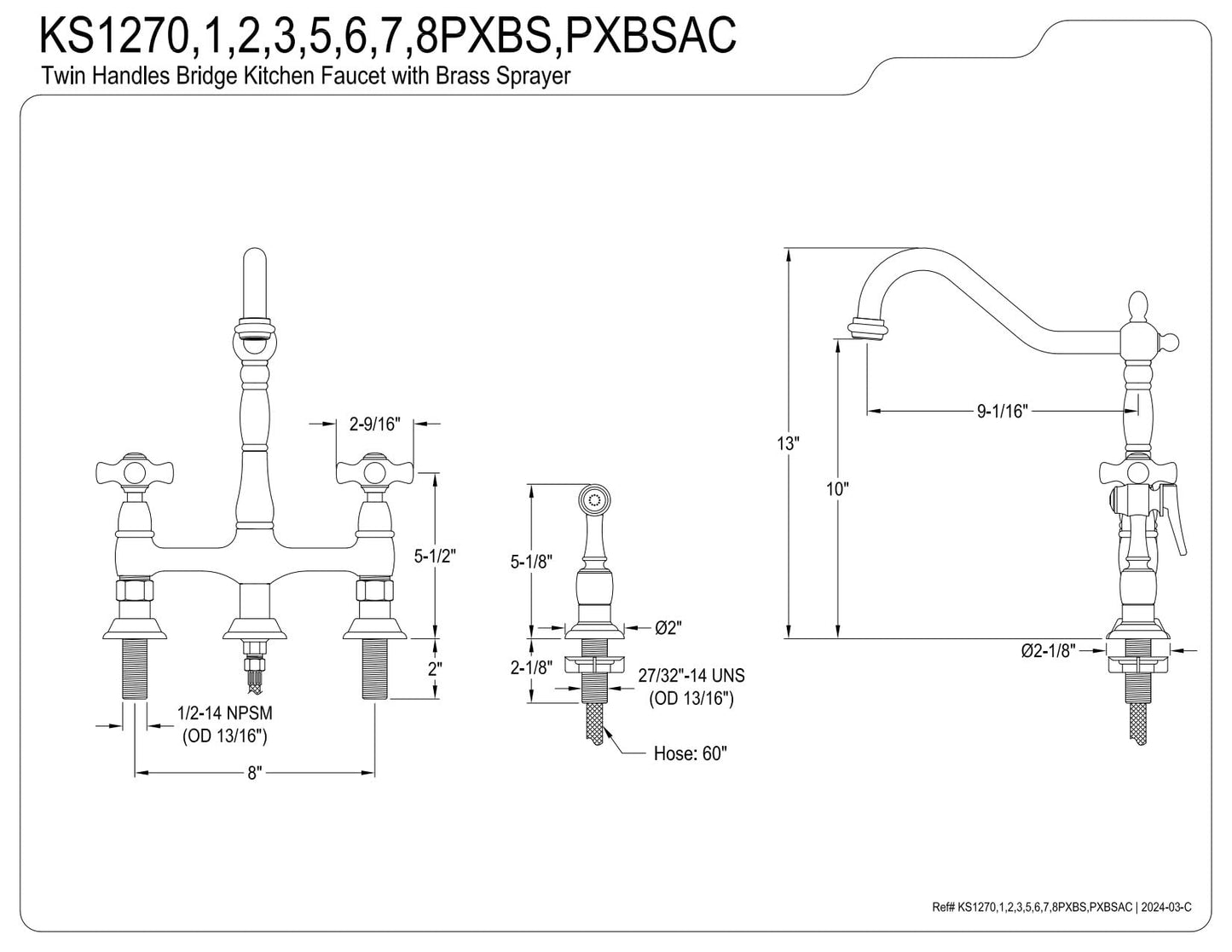 Kingston Brass KS127PXBSAC Heritage Bridge Kitchen Faucet with Brass Sprayer, Antique Copper