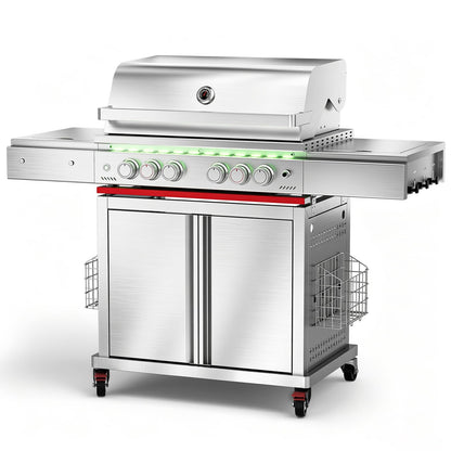 Electactic Heavy-duty Propane Gas Grill, SUS304 Stainless Steel 6-Burner BBQ Grill with 4 Main Burners, 1 Infrared Rear Burner, 1 Side Burner and LED Lights, High Performance Outdoor Grilling