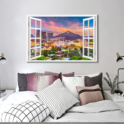 Window View Paintings for Wall, Tucson Arizona Cityscape Canvas Art, 16"Wx24"H, Framed Ready to Hang