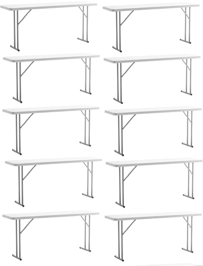 BTEXPERT 6-Foot - 72" Long White Plastic Folding Seminar Training Table Portable 18" Wide Narrow, 29" High, Events Indoor Outdoor Lightweight Set of 10