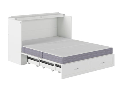 Modern Queen Size Murphy Bed Chest with Mattress, Storage, and Built-in Charger in White